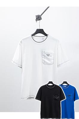 プラダコピー  新しい2色のポケットライン金属三角マーク半袖Tシャツ