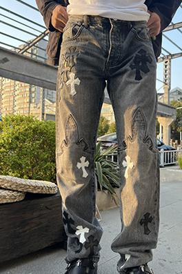 クロムハーツコピー黒と白の革の炎のハイストリートジーンズ