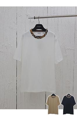 バーバリーコピーチェック柄の襟元クルーネック半袖Tシャツ