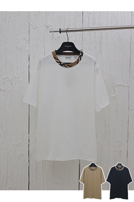 バーバリーコピーチェック柄の襟元クルーネック半袖Tシャツ