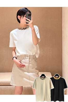 バーバリー 襟元チェックのクルーネック半袖Tシャツ