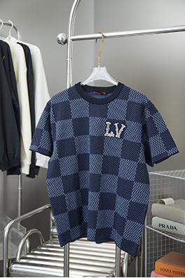 ルイヴィトン ラインストーン刺繍ブランドロゴ文字編み半袖Tシャツ