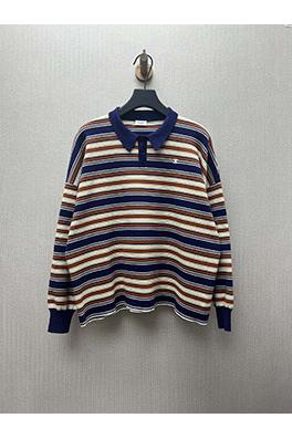 セリーヌ 新しいルーズストライプ刺繍コットン長袖ポロシャツ