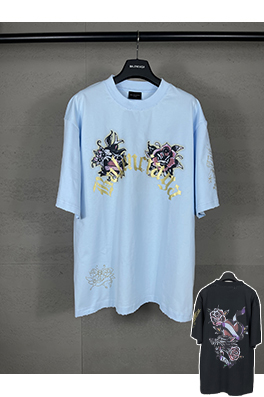 バレンシアガ Tucy Tattoo ストレートプリントホットドリル磨かれた古い半袖Tシャツ
