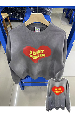 セント マイケル25SS“POWRER”プリントロゴウォッシュ古い長袖ラウンドネックパーカー