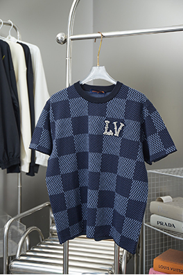 ルイヴィトン ラインストーン刺繍ブランドロゴ文字編み半袖Tシャツ