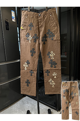 クロムハーツ 新しい茶色のヒョウ柄の十字貼りジーンズ