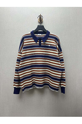 セリーヌ 新しいルーズストライプ刺繍コットン長袖ポロシャツ