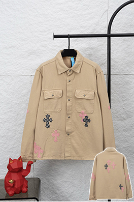 クロムハーツ 新作限定Work Dog Jacket 桜色チェッカー柄パッチワークレザーデザインデニムジャケット