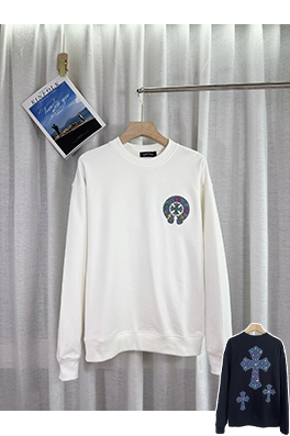 クロムハーツ デニムパッチ刺繍カップルクルーネックパーカー