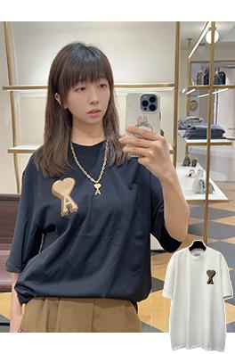アミ レターハート型ラウンドネックヘビーウェイト半袖Tシャツ