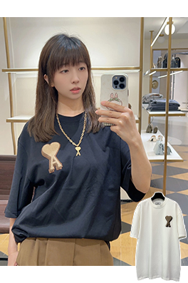 アミ レターハート型ラウンドネックヘビーウェイト半袖Tシャツ