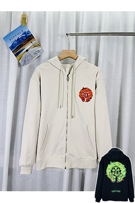 クロムハーツ ウォッシュ焼き付けしたフローラルアップリケ刺繍のジップアップパーカー