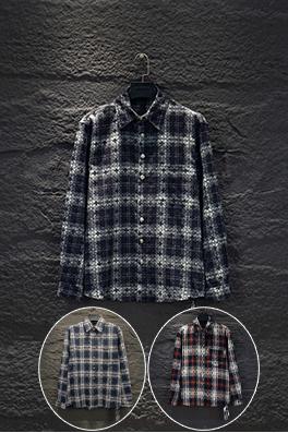 クロムハーツ 袖口にレザーパッチが付いた全面プリントのチェックシャツ