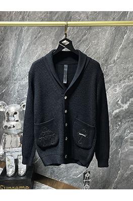 クロムハーツ シルバーボタン付きバナナカラーウール＆レザーパッチワークカーディガン