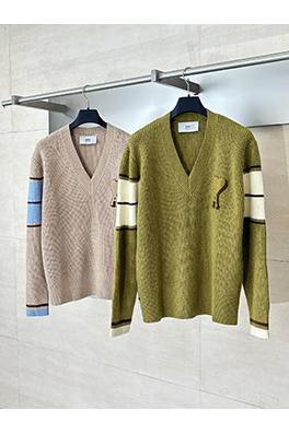 アミ テリー刺繍Vネックカラーブロックニットセーター