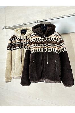 モンクレール 幾何学模様のジャカードウール混紡プラッシュフード付きジャケット