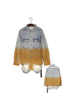 リックオウエンス グラデーションイエローのウォッシュダメージデニムジャケット