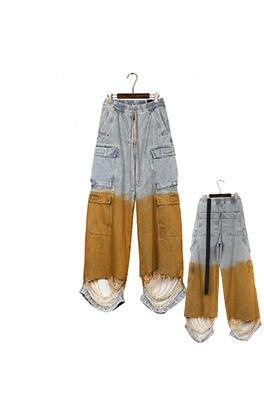 リックオウエンス ウォッシュダメージ破れしたグラデーションイエローのワイドレッグワークウェアジーンズ