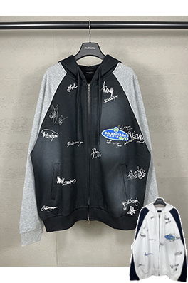 バレンシアガ ウォッシュダメージした手描きのグラフィティのフード付きジップアップスウェットシャツ