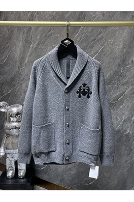 クロムハーツ 新モデルシルバーボタン付きバナナカラーウール＆レザーパッチワークカーディガン