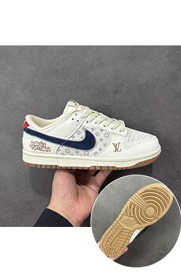 Nike SB Dunk Low × LV コラボレーションホワイトブラウンダークブルーのスウッシュプリントスニーカー
