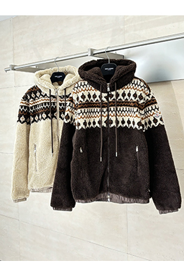 モンクレール 幾何学模様のジャカードウール混紡プラッシュフード付きジャケット