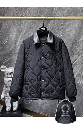 クロムハーツコピー クロス柄のレザーカラー刺繍りコットンパッド入りジャケット