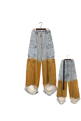 リックオウエンス ウォッシュダメージ破れしたグラデーションイエローのワイドレッグワークウェアジーンズ