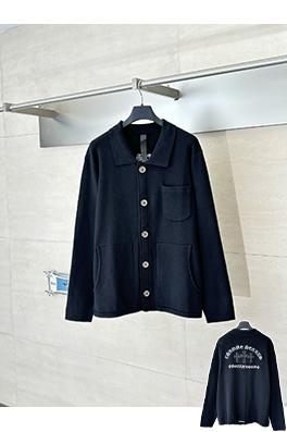 クロムハーツ ウールとレザーのパッチワークサンスクリット刺繍のニットカーディガン