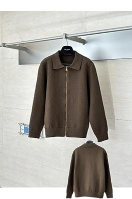 ルイヴィトン エンボスの襟付きジップアップニットカーディガン