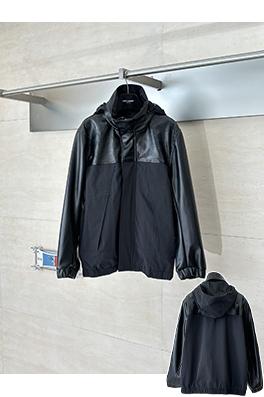 ルイヴィトンコピー ブラックナイロンブレンドパッチワークレザーフード付きジャケット