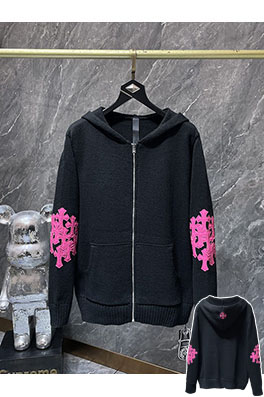 クロムハーツ ピンクの刺繍りジップアップフード付きセーター