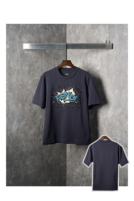 フェンディスーパーコピーネイビー アイレット刺繡  グラフィック 半袖 Tシャツ