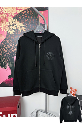 クロムハーツ パッチワークレザーのスタッズ付き重な刺繍のフード付きジャケット