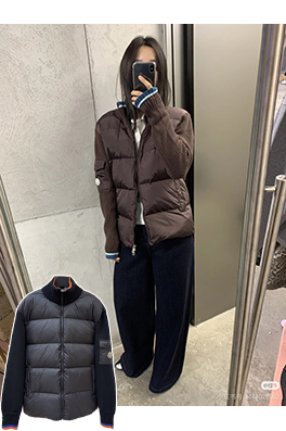 モンクレール ウールとダウンのパッチワークジップアップカーディガン