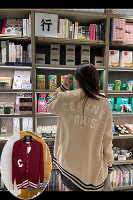 セリーヌコピー CEINE レターロゴVネックニット透かし彫りカーディガン