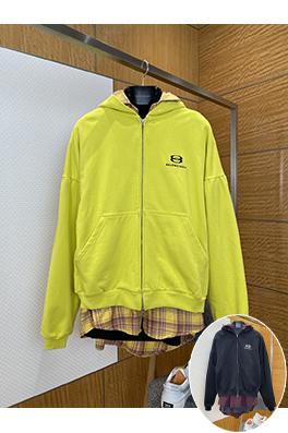 バレンシアガ フェイクスリーピースチェック柄パッチワークフード付きジップアップジャケット