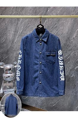 クロムハーツ ブルーの袖プリントのダブルレイヤーデニムシャツ
