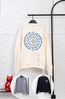 クロムハーツ 刺繍入りラウンドサンスクリットクロスのダメージニットクルーネックセーター