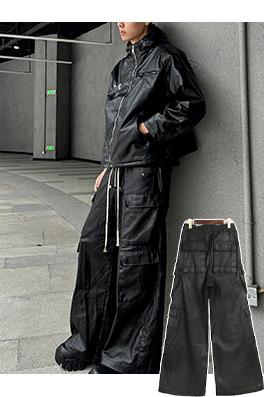リックオウエンス コーティング＆ワックス加工のワイドレッグカーゴフレアパンツ