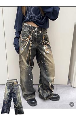 アクネストゥディオズスーパーコピー Acne Studios 3D プリントされた黒とゴールドのチェーンジーンズ