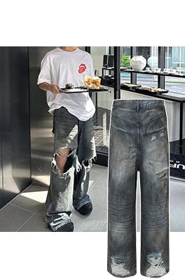 バレンシアガ Balenciaga baggy クラシックブルーのダメージオイルめ泥染め破れのジーンズ