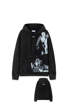 オフホワイト 新しい肖像油絵のウォッシュフード付きスウェットシャツ