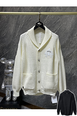 クロムハーツ シルバーボタン付きバナナカラーウール＆レザーパッチワークカーディガン