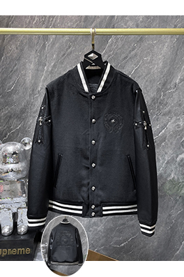 クロムハーツ サンスクリットクロスウールレザースリーブパッチワークベースボール刺繍コットンコート