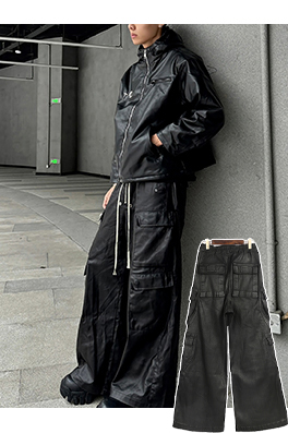 リックオウエンス コーティング＆ワックス加工のワイドレッグカーゴフレアパンツ