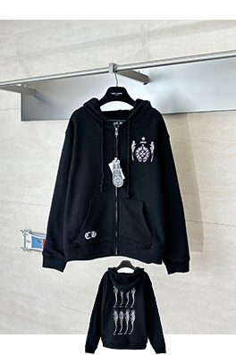 クロムハーツスーパーコピー ブラックスカル ジップアップ フード付きスウェットシャツ