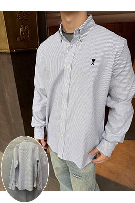 アミ ハート刺繍のストライプ長袖シャツ