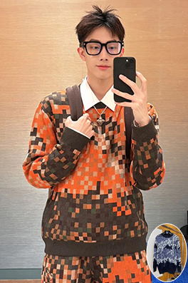 ルイヴィトン ファッションカラーブロックチェック柄ジャカードクルーネックニットセーター